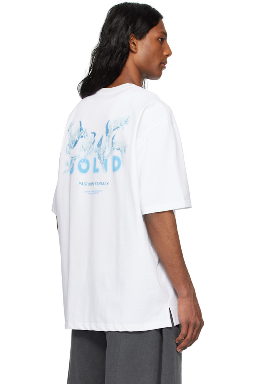 Cotton jersey T-shirt. 

· Rib-knit crewneck
· Logo, graphic, and text embroidered and printed at chest
· Dropped shoulders
· Vented side seams
· Logo graphic printed at back
· Text embroidered at back

Supplier color: White