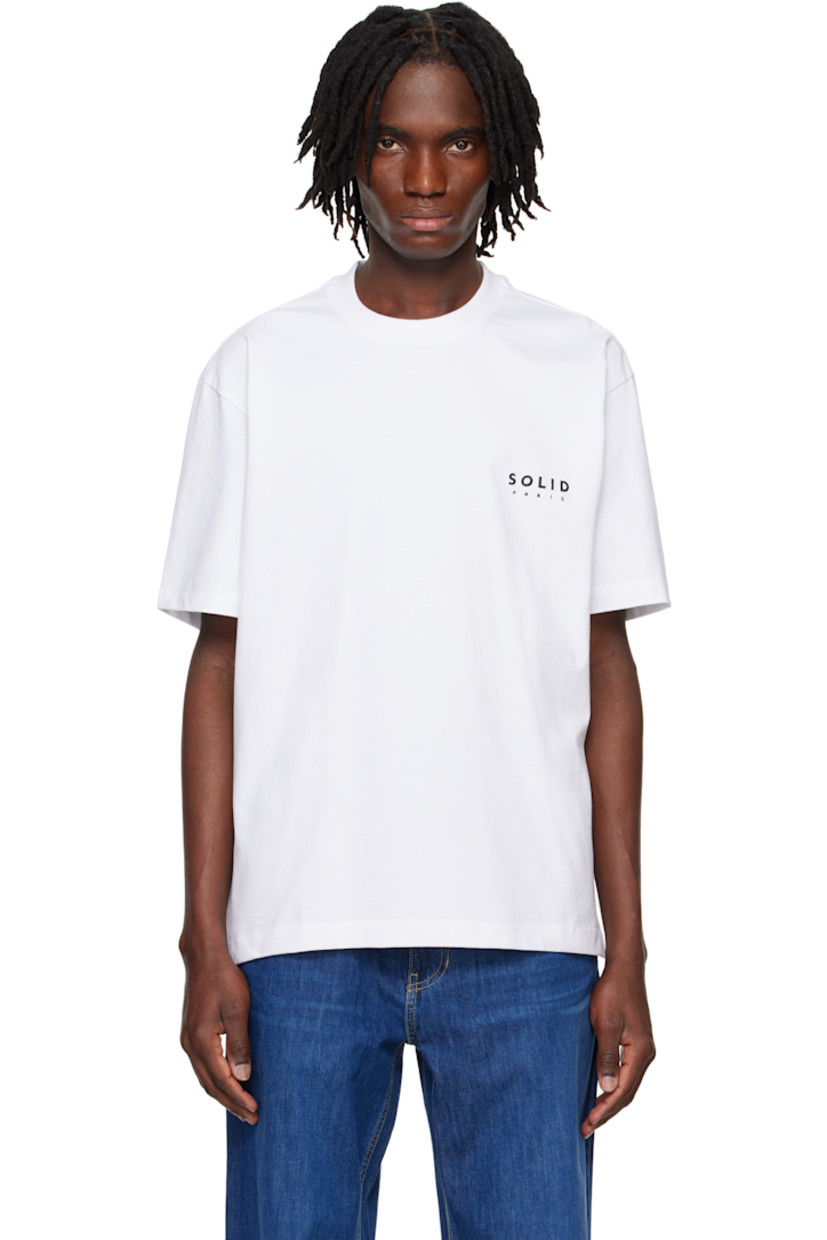 Cotton jersey T-shirt. 

· Rib-knit crewneck 
· Logo embroidered at chest
· Vented side seams 
· Logo and text printed at back 

Supplier color: White
