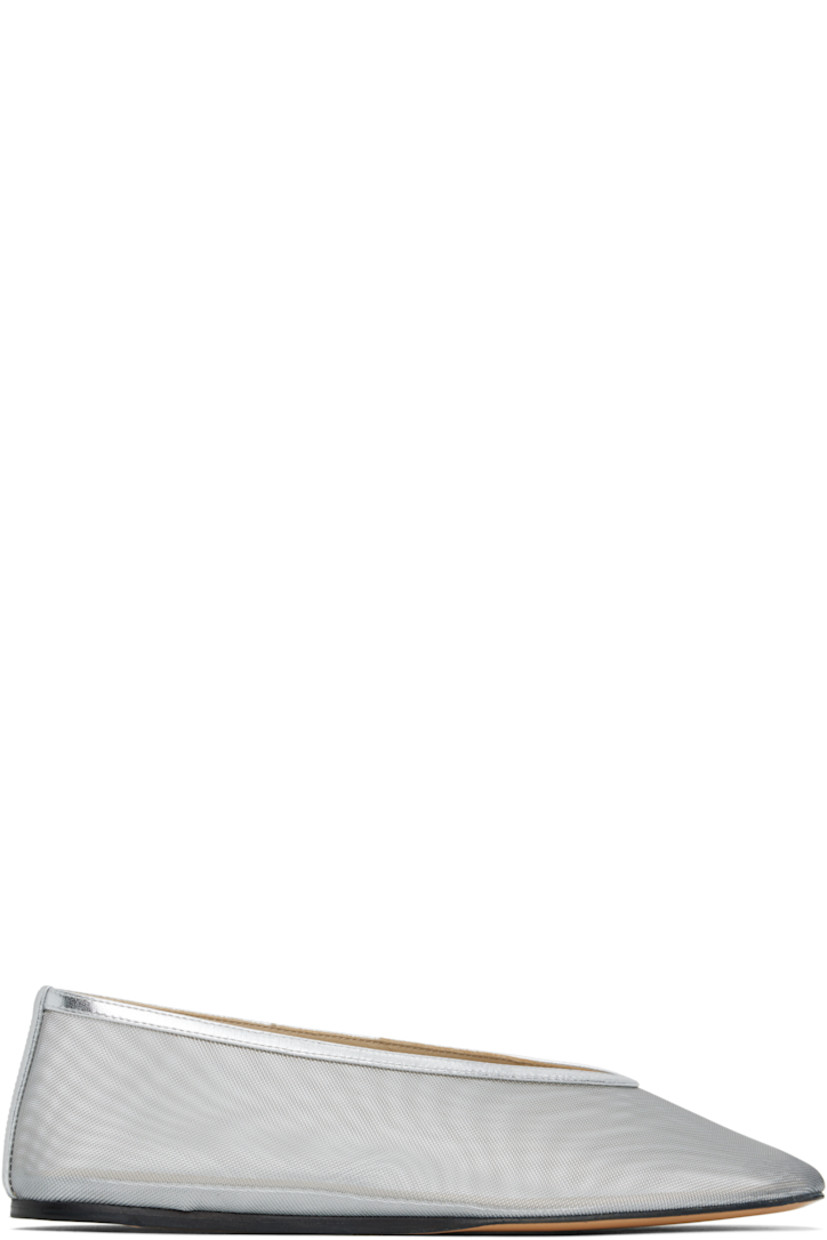 Handcrafted sheer mesh ballerina flats in silver tone.

· Patent leather trim throughout
· Square toe
· Padded calfskin footbed
· Polished leather sole with rubber injections

Supplier color: Silver