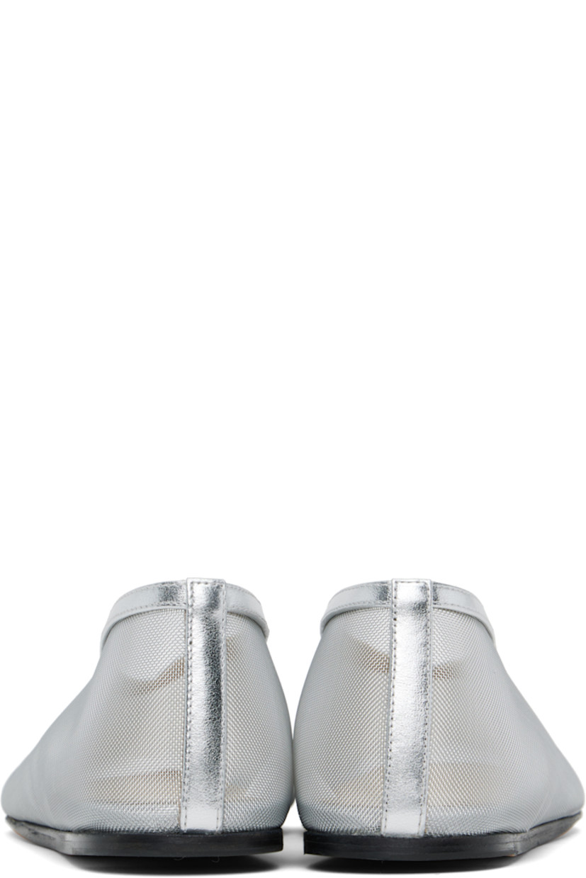 Handcrafted sheer mesh ballerina flats in silver tone.

· Patent leather trim throughout
· Square toe
· Padded calfskin footbed
· Polished leather sole with rubber injections

Supplier color: Silver