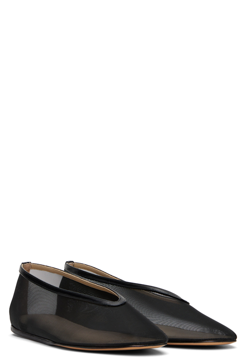 Handcrafted sheer mesh ballerina flats in black.

· Patent leather trim throughout
· Square toe
· Polished leather sole with rubber injections

Supplier color: Black
