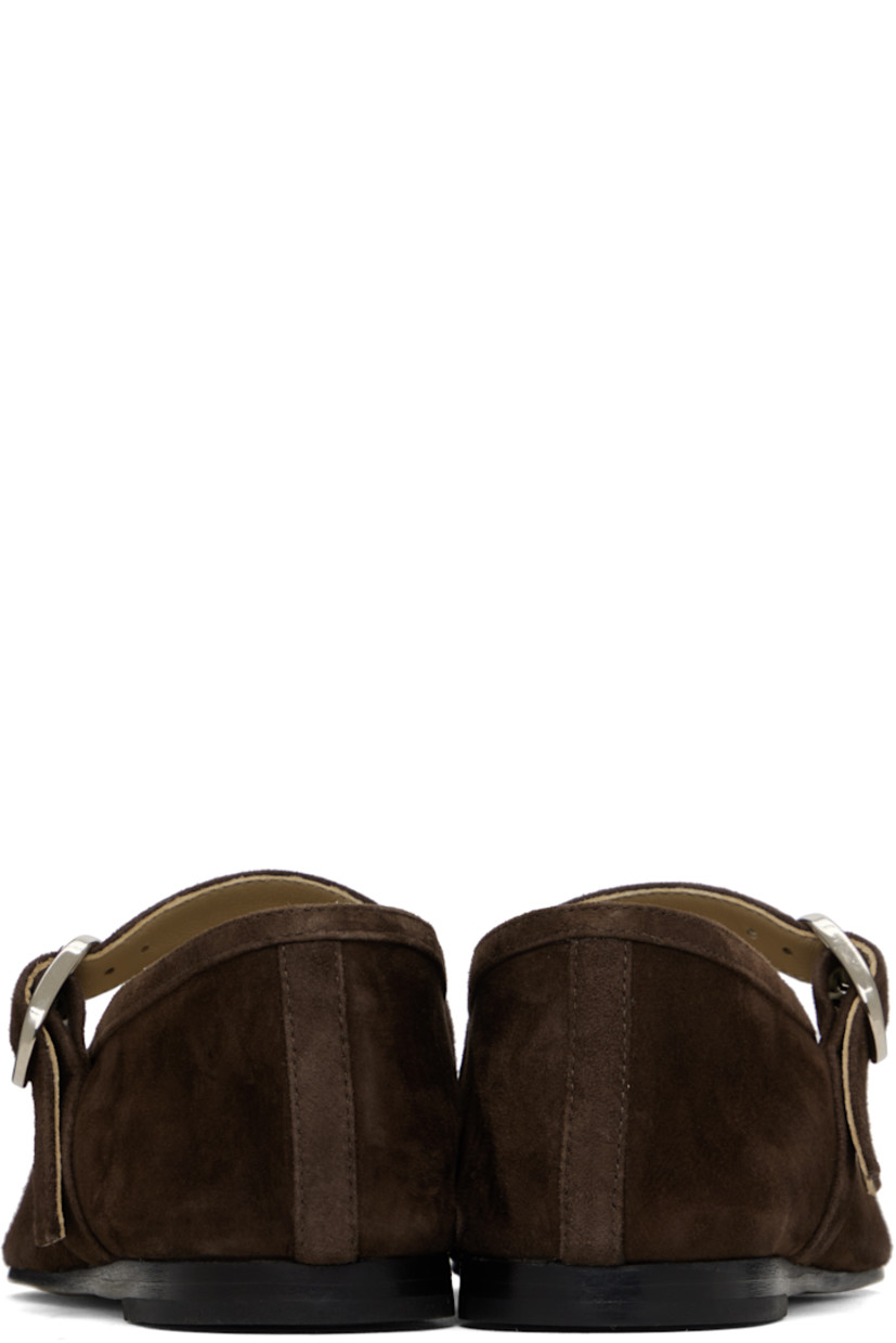 Handcrafted lambskin suede Mary Jane-style ballerina flats in brown.

· Square toe
· Pin-buckle strap at vamp
· Logo embossed at padded calfskin footbed
· Stacked leather heel with rubber injection
· Leather sole

Supplier color: Chocolate