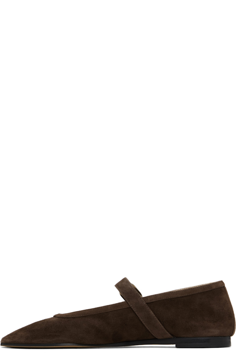 Handcrafted lambskin suede Mary Jane-style ballerina flats in brown.

· Square toe
· Pin-buckle strap at vamp
· Logo embossed at padded calfskin footbed
· Stacked leather heel with rubber injection
· Leather sole

Supplier color: Chocolate