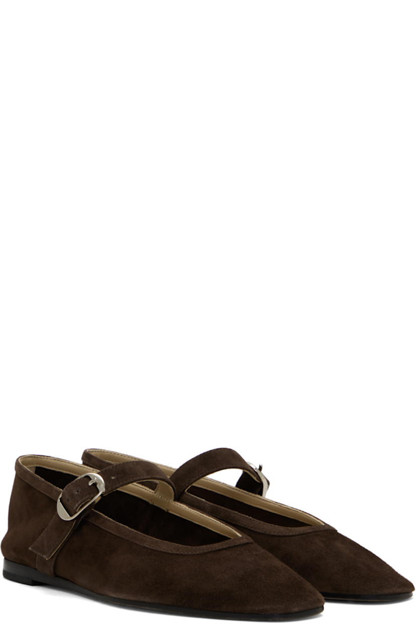 Handcrafted lambskin suede Mary Jane-style ballerina flats in brown.

· Square toe
· Pin-buckle strap at vamp
· Logo embossed at padded calfskin footbed
· Stacked leather heel with rubber injection
· Leather sole

Supplier color: Chocolate
