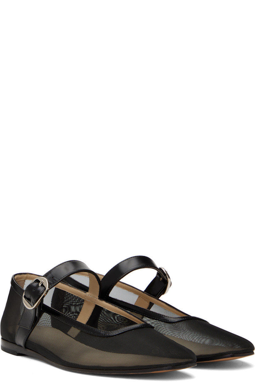 Handcrafted sheer mesh Mary Jane-style ballerina flats in black.

· Square toe
· Pin-buckle strap at vamp
· Patent leather trim at collar
· Logo embossed at padded calfskin footbed
· Stacked leather heel with rubber injection
· Leather sole

Supplier color: Black