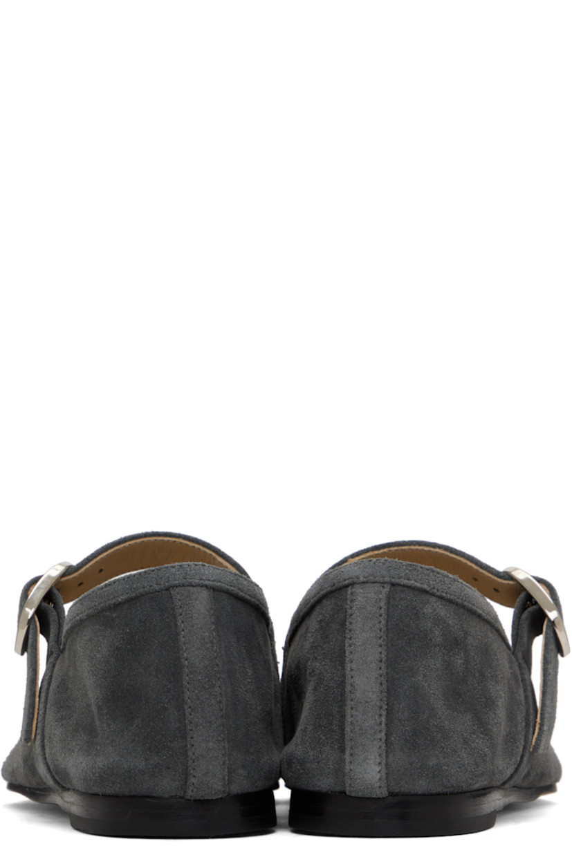 Handcrafted suede Mary Jane-style ballerina flats in gray.

· Square toe
· Pin-buckle strap at vamp
· Logo embossed at padded calfskin footbed
· Stacked leather heel with rubber injection
· Leather sole

Supplier color: Anthracite suede