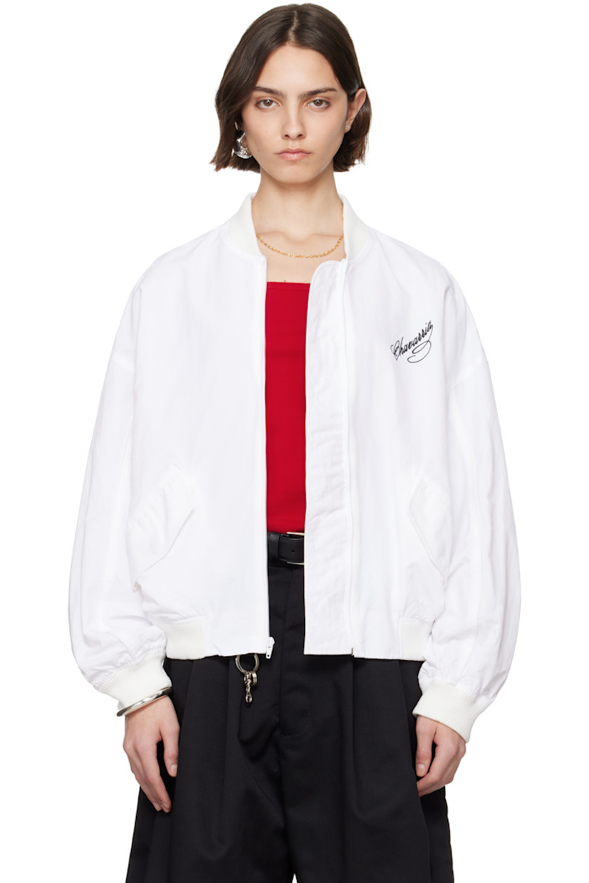 Nylon taffeta bomber jacket.

· Rib-knit stand collar, hem, and cuffs
· Zip closure
· Logo embroidered at chest
· Flap pockets
· Dropped shoulders
· Piping at sleeves
· Welt pockets at interior
· Full mesh lining

Supplier color: White