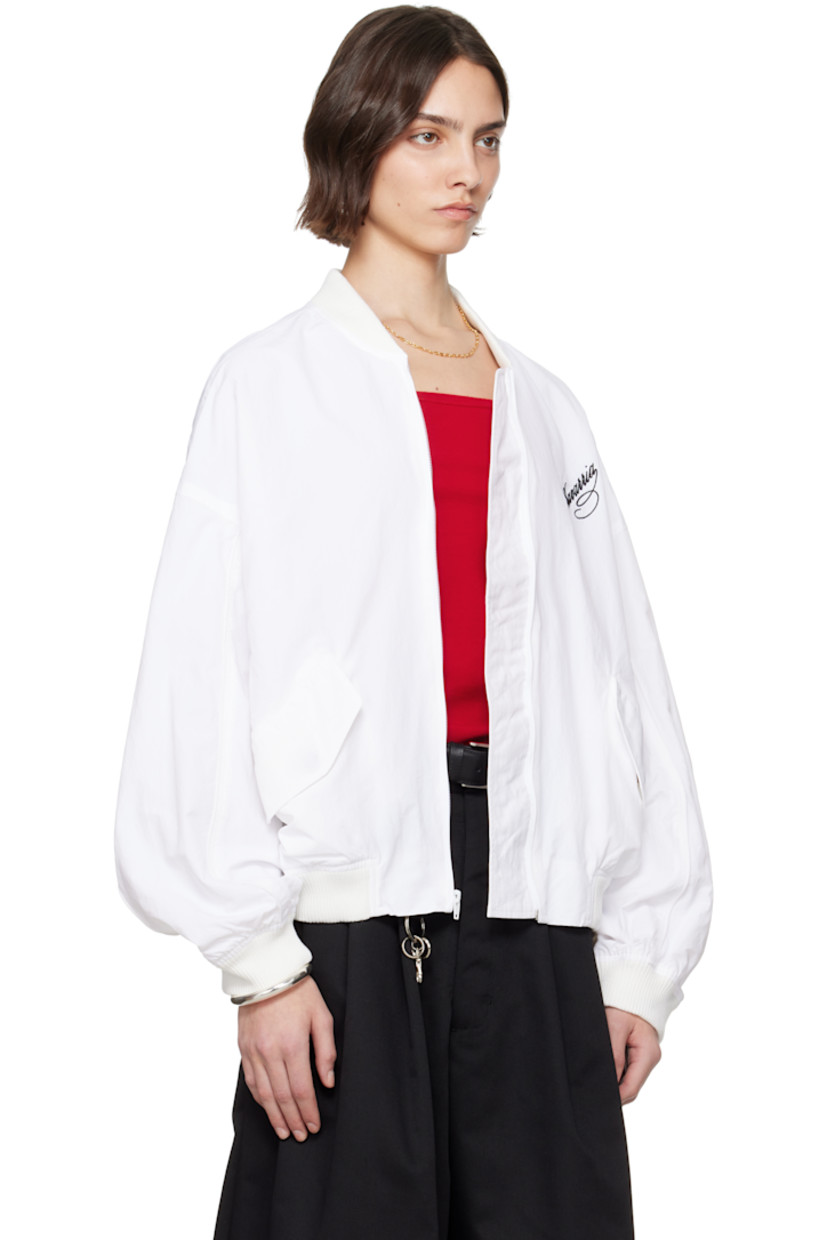 Nylon taffeta bomber jacket.

· Rib-knit stand collar, hem, and cuffs
· Zip closure
· Logo embroidered at chest
· Flap pockets
· Dropped shoulders
· Piping at sleeves
· Welt pockets at interior
· Full mesh lining

Supplier color: White
