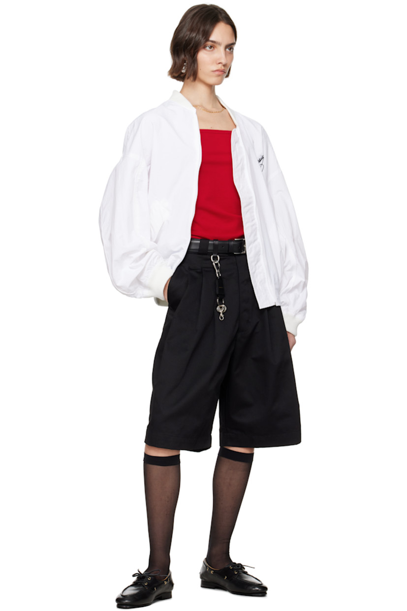 Nylon taffeta bomber jacket.

· Rib-knit stand collar, hem, and cuffs
· Zip closure
· Logo embroidered at chest
· Flap pockets
· Dropped shoulders
· Piping at sleeves
· Welt pockets at interior
· Full mesh lining

Supplier color: White