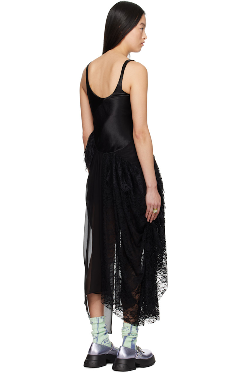 Acetate satin and silk chiffon minidress. Lace trim, gathering, and ruffles throughout. 

· Paneled construction
· Lace panel at scoop neck
· Darts at chest
· Asymmetric hem 
· Concealed zip closure at side
· Low back 

Supplier color: Black