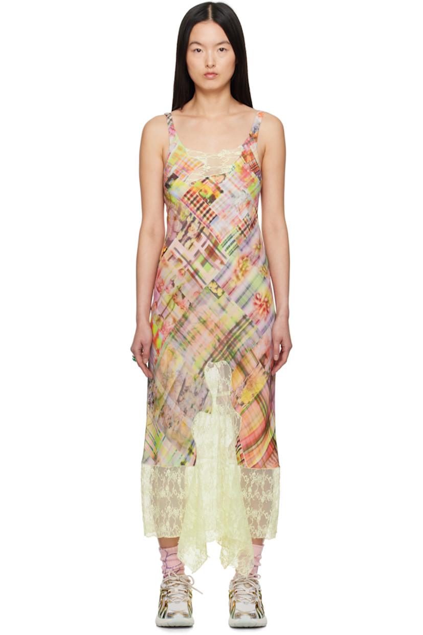 Bias-cut viscose crêpe midi dress. Check pattern printed throughout.

· Lace panel at scoop neck and low back
· Lace trim at handkerchief hem 
· Fixed shoulder straps
· Unlined

Supplier color: Multi plaid