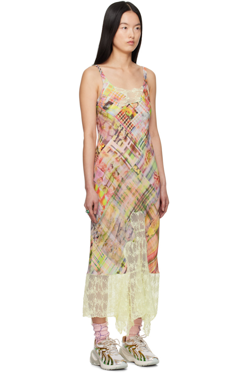 Bias-cut viscose crêpe midi dress. Check pattern printed throughout.

· Lace panel at scoop neck and low back
· Lace trim at handkerchief hem 
· Fixed shoulder straps
· Unlined

Supplier color: Multi plaid