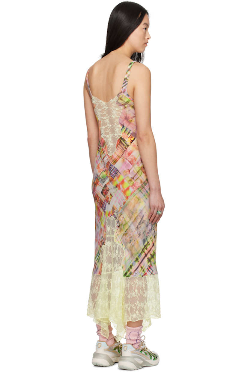 Bias-cut viscose crêpe midi dress. Check pattern printed throughout.

· Lace panel at scoop neck and low back
· Lace trim at handkerchief hem 
· Fixed shoulder straps
· Unlined

Supplier color: Multi plaid