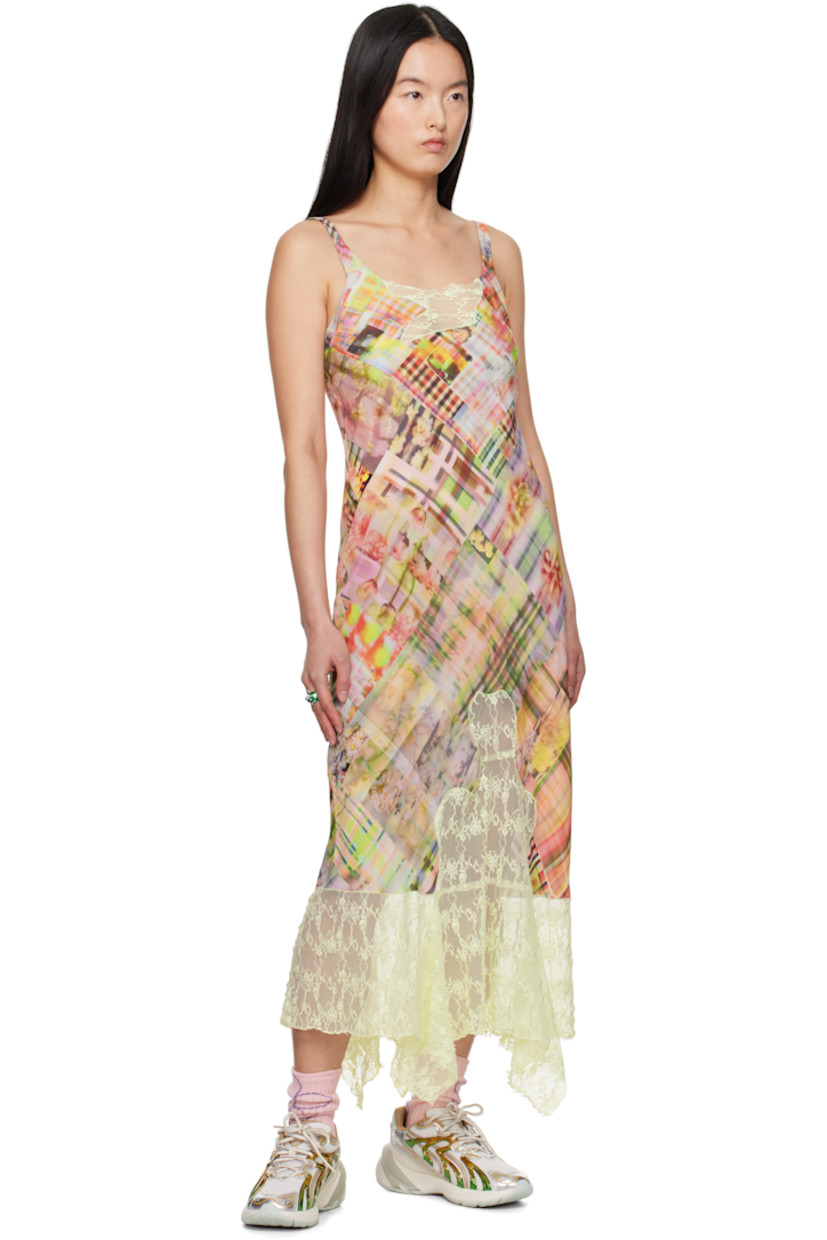 Bias-cut viscose crêpe midi dress. Check pattern printed throughout.

· Lace panel at scoop neck and low back
· Lace trim at handkerchief hem 
· Fixed shoulder straps
· Unlined

Supplier color: Multi plaid