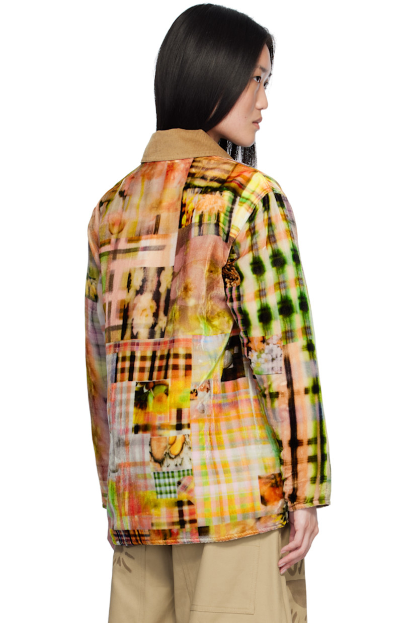 Padded nylon-blend velvet jacket. Check pattern and graphics printed throughout.

· Deadstock corduroy spread collar
· Press-stud closure
· Patch pockets
· Full quilted satin lining

Supplier color: Multi plaid