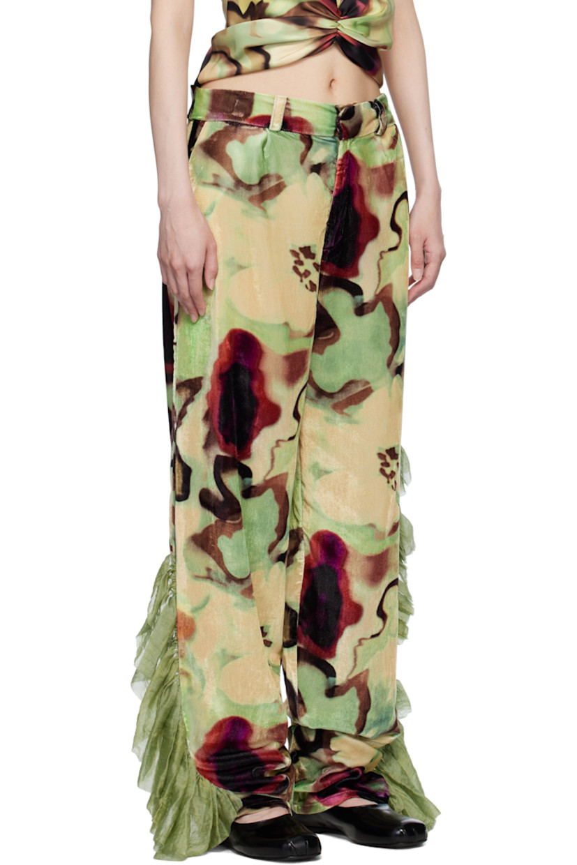 Relaxed-fit nylon-blend velvet trousers. Graphic pattern printed throughout.

· Mid-rise
· Belt loops
· Four-pocket styling
· Zip-fly
· Crinkled voile ruffled trim at outseams

Supplier color: Watercolor floral