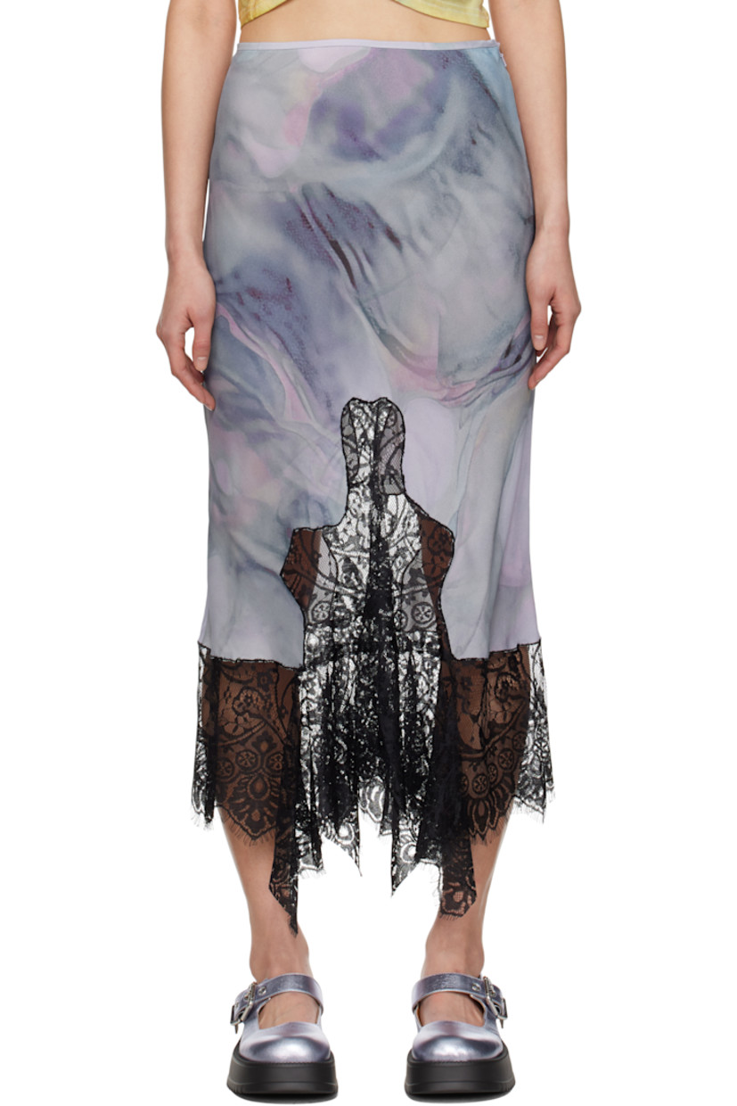 Bias-cut viscose crêpe midi skirt. Graphic pattern printed throughout.

· Elasticized waistband
· Lace trim at handkerchief hem 
· Concealed zip closure at side 
· Cutout with lace trim at back waistband
· Logo printed at back
· Unlined 

Supplier color: Oil mold