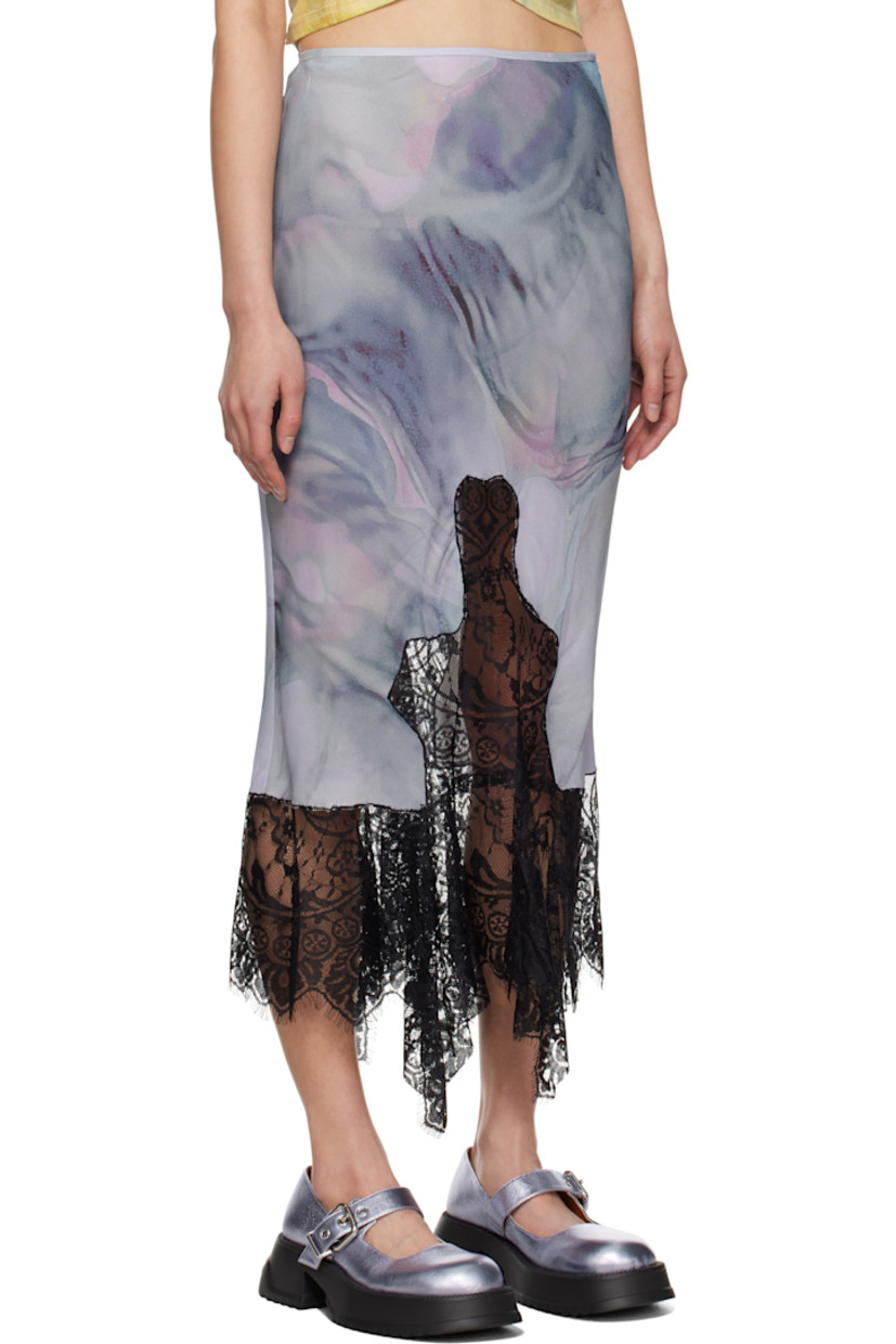 Bias-cut viscose crêpe midi skirt. Graphic pattern printed throughout.

· Elasticized waistband
· Lace trim at handkerchief hem 
· Concealed zip closure at side 
· Cutout with lace trim at back waistband
· Logo printed at back
· Unlined 

Supplier color: Oil mold