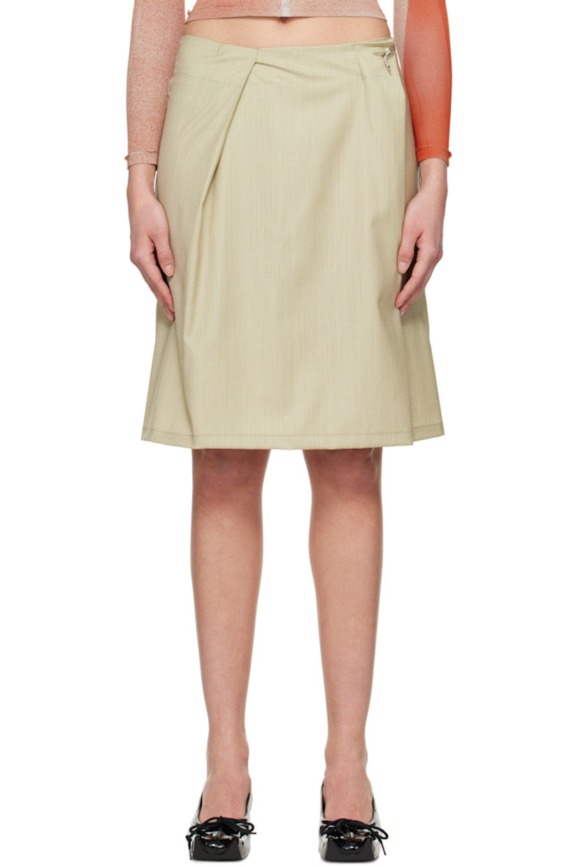 Plain-woven wool midi skirt. Stripes throughout. 

· Button fastening at waistband 
· Pleats and graphic hardware at front 
· Concealed zip closure at back
· Unlined

Supplier color: Beige