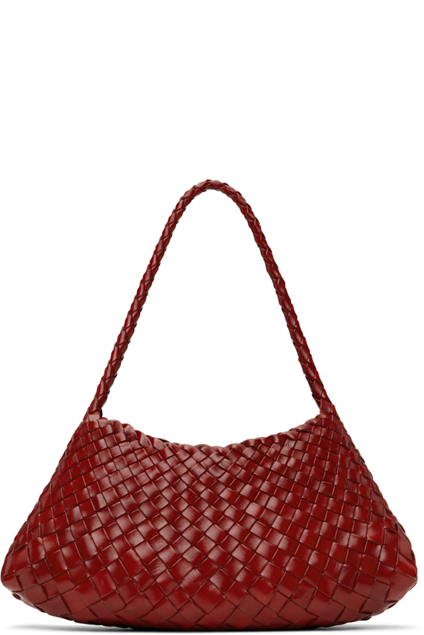 Handcrafted basket-woven buffalo calfskin shoulder bag in red.

· Fixed shoulder strap
· Open throat
· Logo disc hand-sewn at interior
· Unlined
· H6.5" x W13" x D5"
· Total height: H15"

Supplier color: Poppy red