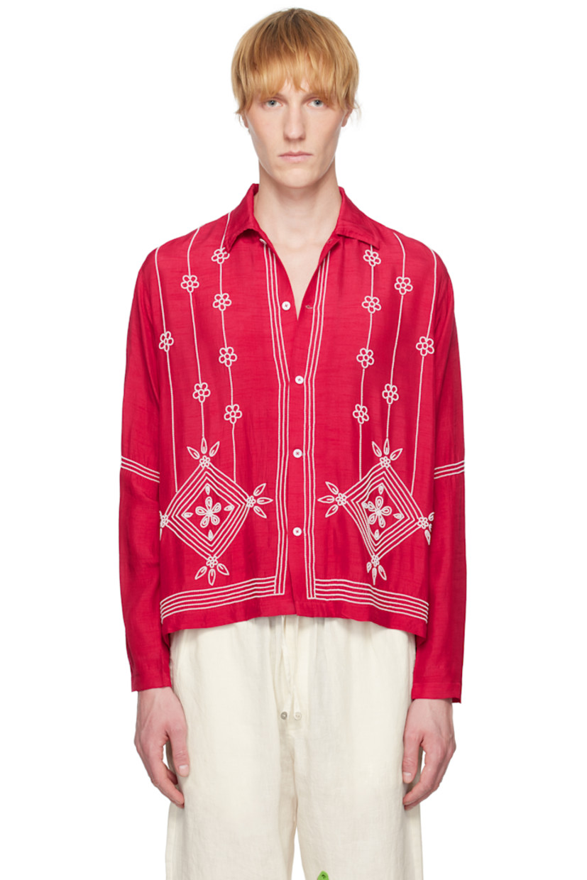 Handcrafted plain-woven slub silk shirt. Beaded floral pattern and stripes throughout.

· Spread collar
· Button closure

Supplier color: Red
