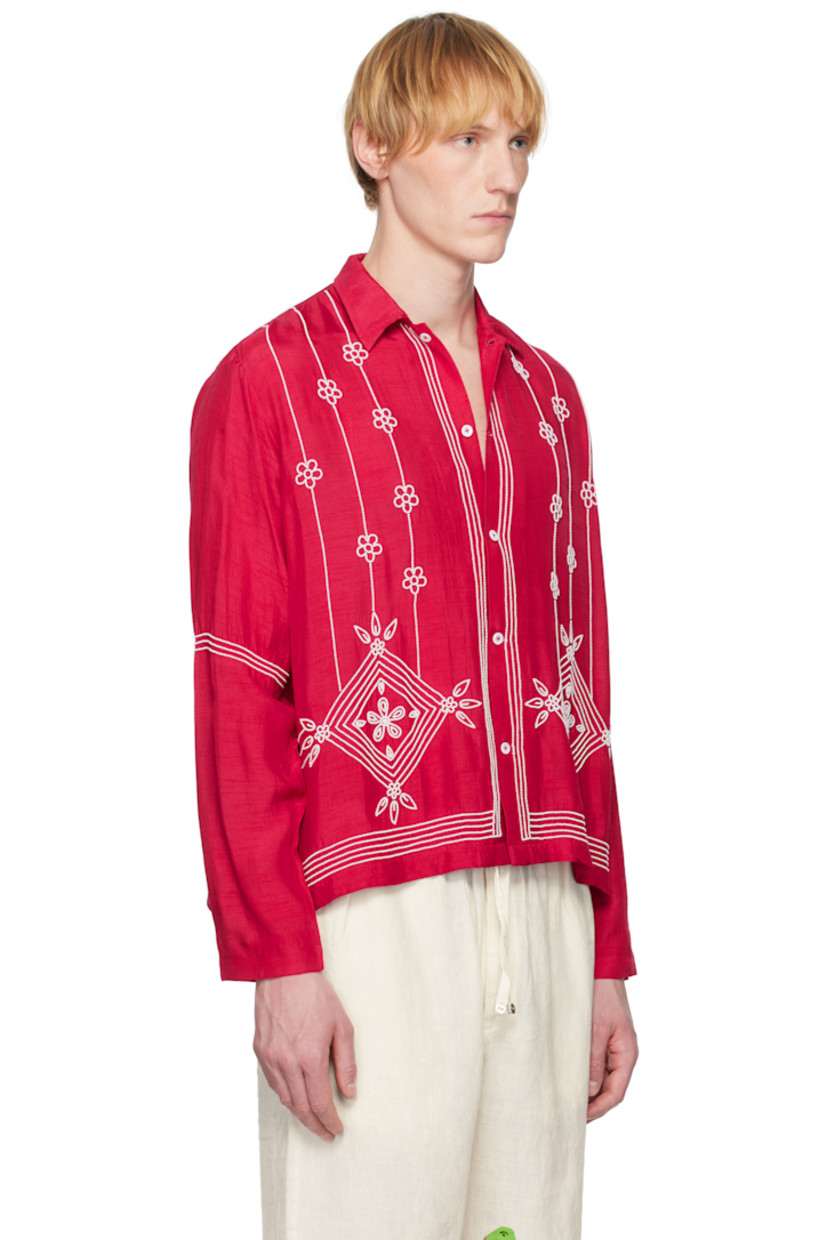 Handcrafted plain-woven slub silk shirt. Beaded floral pattern and stripes throughout.

· Spread collar
· Button closure

Supplier color: Red