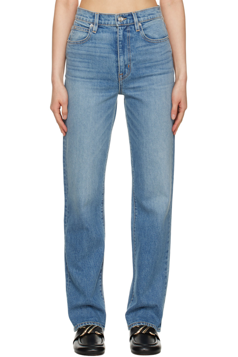 Straight-leg stretch denim jeans. Fading and whiskering throughout.

· High-rise
· Belt loops
· Five-pocket styling
· Zip fly
· Logo-engraved silver-tone hardware
· Contrast stitching in tan

Supplier color: Wandering spirit blue