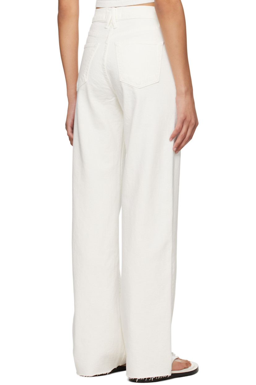 Wide-leg stretch denim jeans. 

· High-rise 
· Belt loops
· Five-pocket styling
· Zip fly
· Raw edge at cuffs

Supplier color: White
