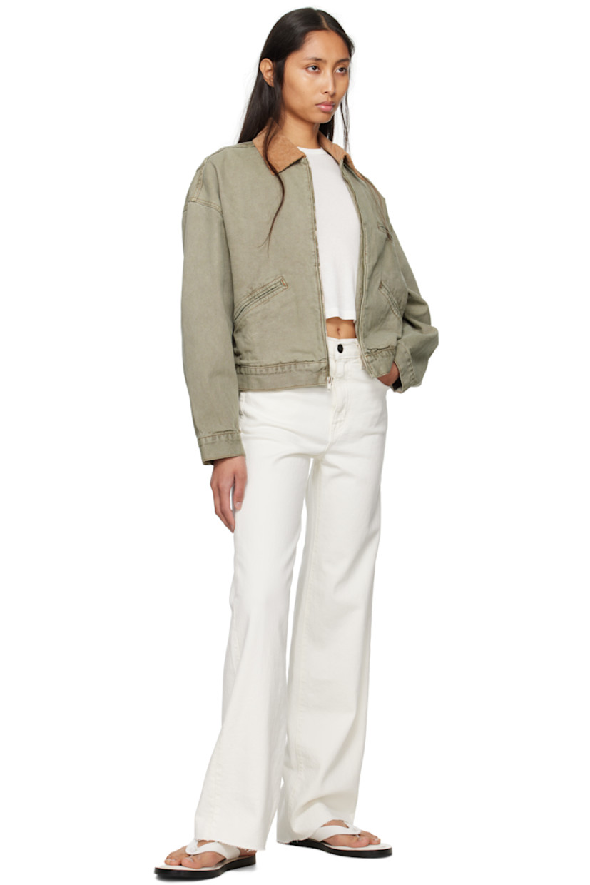 Wide-leg stretch denim jeans. 

· High-rise 
· Belt loops
· Five-pocket styling
· Zip fly
· Raw edge at cuffs

Supplier color: White