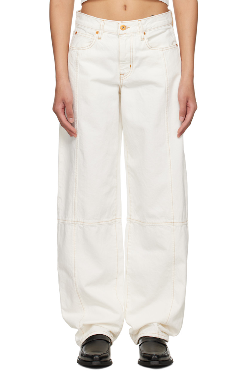 Non-stretch denim jeans. 

· BCI-certified
· Mid-rise 
· Belt loops
· Five-pocket styling
· Zip fly
· Seams at front and back legs
· Contrast stitching in brown

Supplier color: Natural white