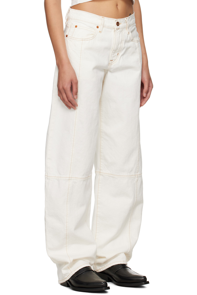 Non-stretch denim jeans. 

· BCI-certified
· Mid-rise 
· Belt loops
· Five-pocket styling
· Zip fly
· Seams at front and back legs
· Contrast stitching in brown

Supplier color: Natural white