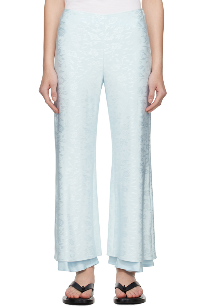 Stretch viscose jersey trousers. Jacquard floral pattern throughout.

· Layered construction
· Darts at waistband
· Concealed zip closure at side seam
· Full viscose twill lining

Supplier color: Sky