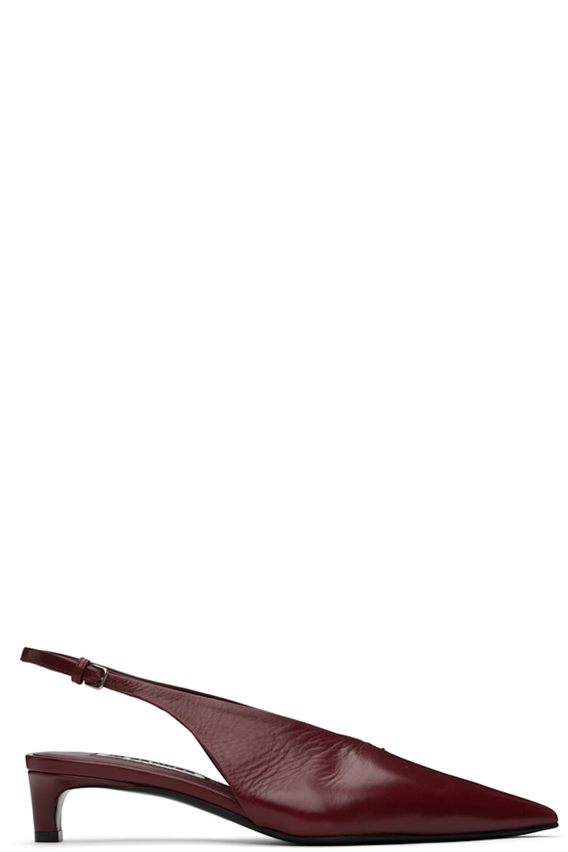 Crinkled goatskin heels in burgundy. 

· Pointed toe
· Stitch at vamp
· Adjustable pin-buckle slingback strap
· Logo patch at padded footbed
· Buffed nappa leather lining
· Covered kitten heel with rubber injection
· Polished calfskin sole with rubber injection
· Heel: H1.5"

Supplier color: Chili red