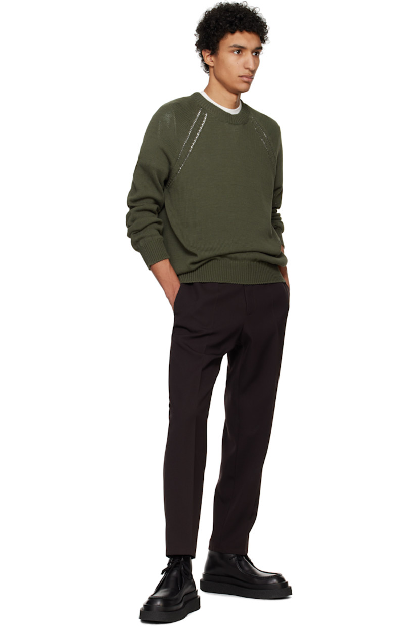 Knit cotton sweater. 

· Rib-knit crewneck, hem, and cuffs
· Laddering at raglan sleeves 

Supplier color: Thyme green