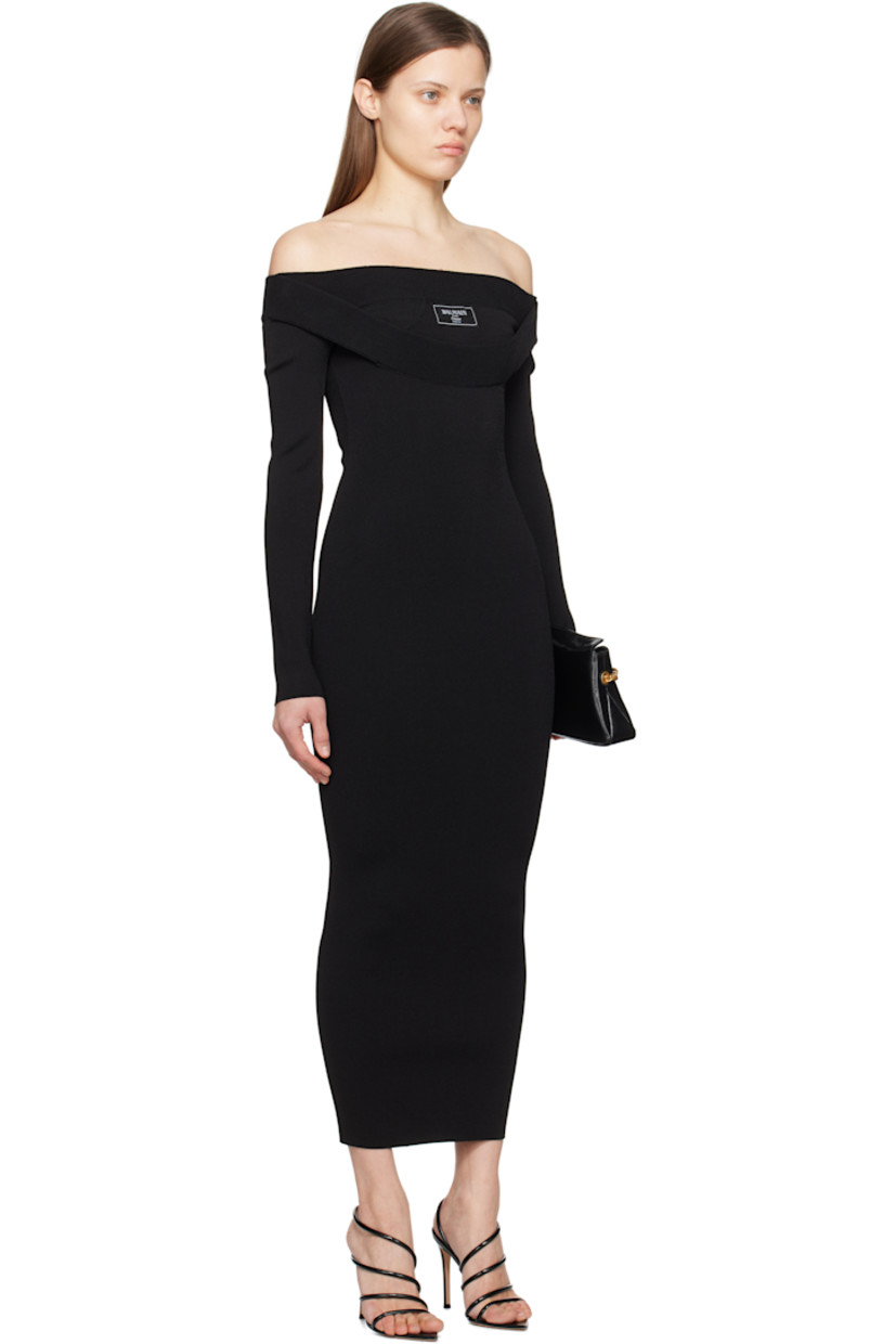 Slim-fit knit viscose-blend maxi dress. 

· Off-the-shoulder construction
· Logo patch at layered rib-knit collar
· Two-way zip closure at back
· Gold-tone hardware

Supplier color: Noir