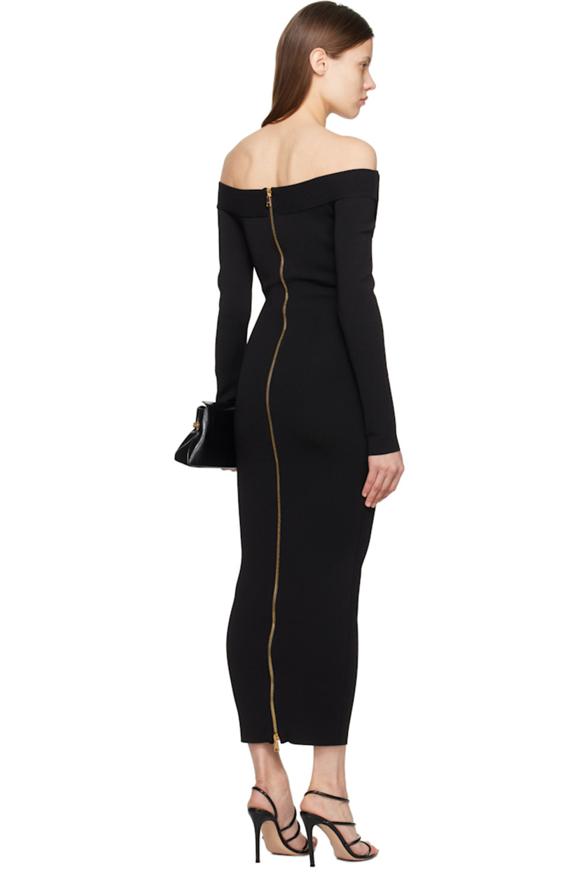 Slim-fit knit viscose-blend maxi dress. 

· Off-the-shoulder construction
· Logo patch at layered rib-knit collar
· Two-way zip closure at back
· Gold-tone hardware

Supplier color: Noir