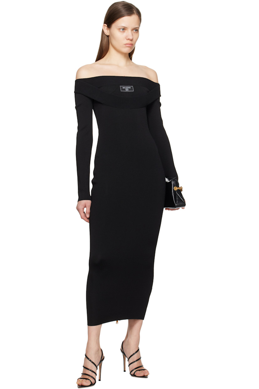 Slim-fit knit viscose-blend maxi dress. 

· Off-the-shoulder construction
· Logo patch at layered rib-knit collar
· Two-way zip closure at back
· Gold-tone hardware

Supplier color: Noir