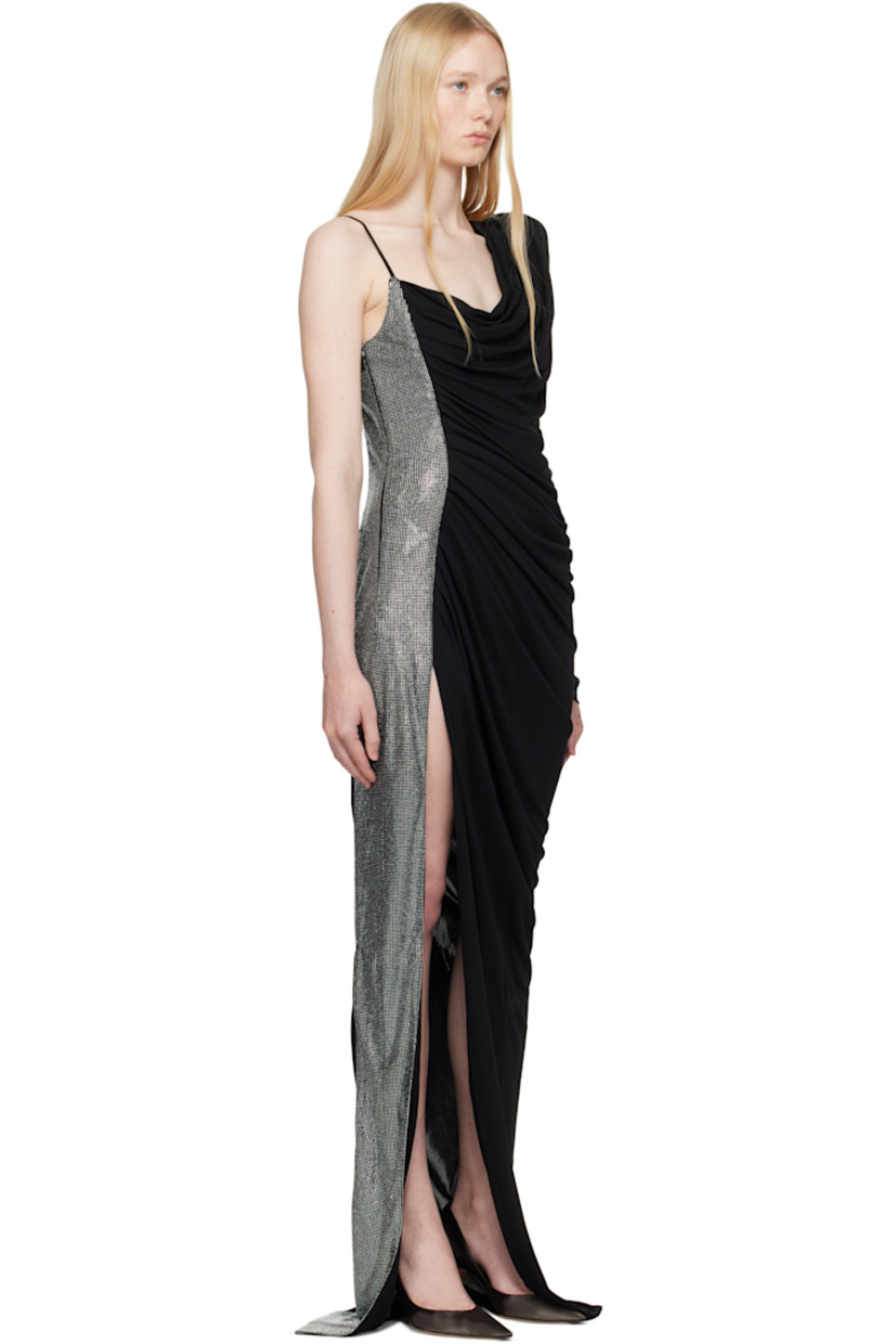 Viscose jersey maxi dress. Gathering throughout.

· Asymmetrical and draped construction
· Zip closure at side seam
· Slit and panel with crystal-cut appliqués at side seam
· Pagoda shoulder
· Fixed spaghetti strap

Supplier color: Black