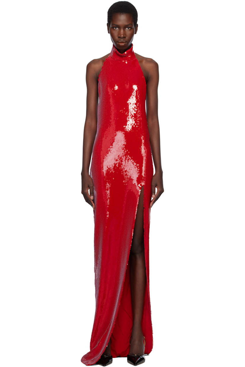 Sequinned stretch polyester mesh maxi dress. 

· Hook-eye fastening at halter neck
· Slit at front hem
· Self-tie straps at open back
· Draped low back
· Full stretch silk satin lining 

Supplier color: Red