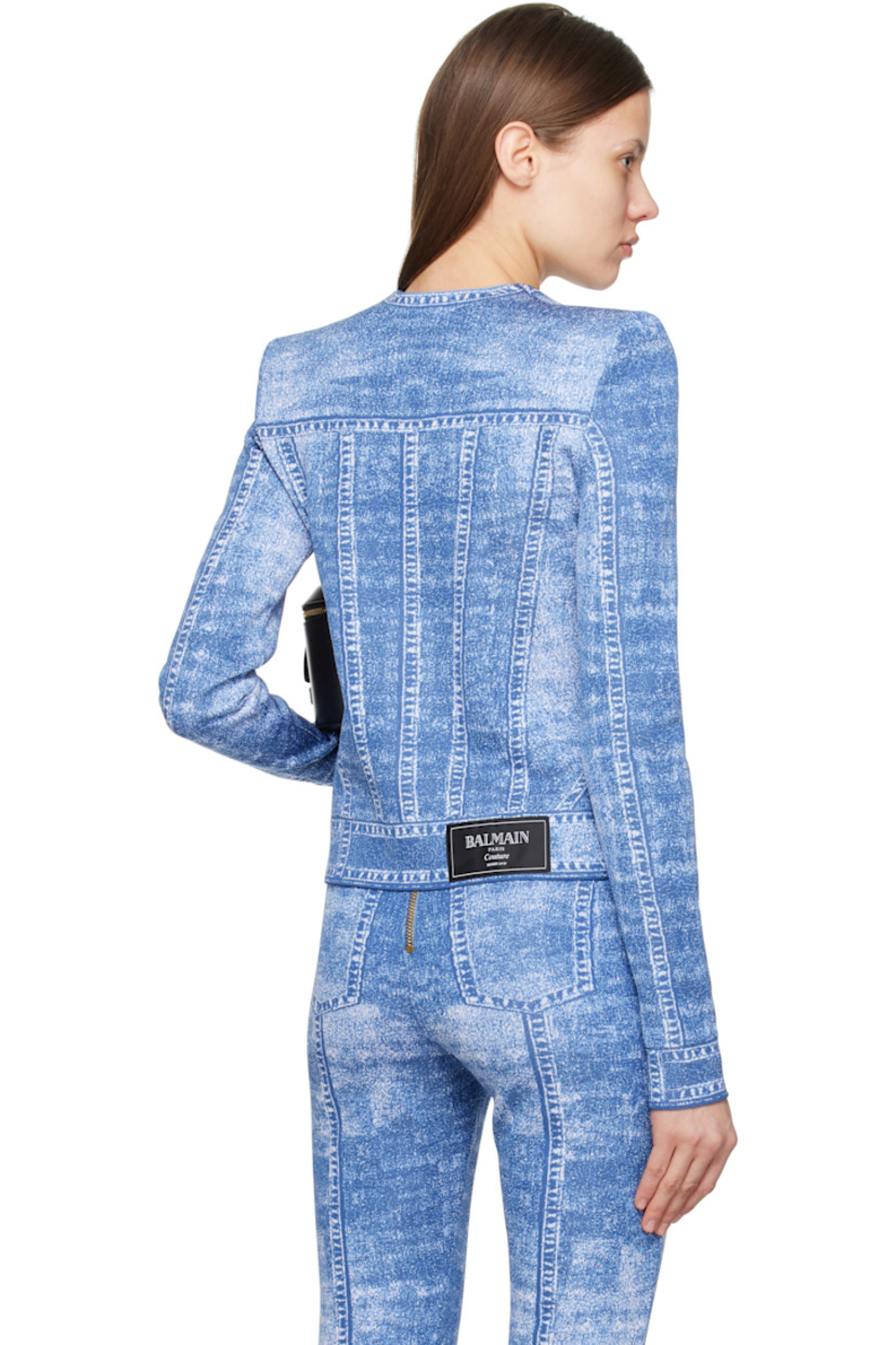 Knit viscose-blend cardigan. Jacquard trompe l'oeil pattern throughout. 

· Crewneck
· Press-stud closure
· Padded shoulders
· Logo patch at back hem
· Logo-engraved gold-tone hardware

Supplier color: Blue