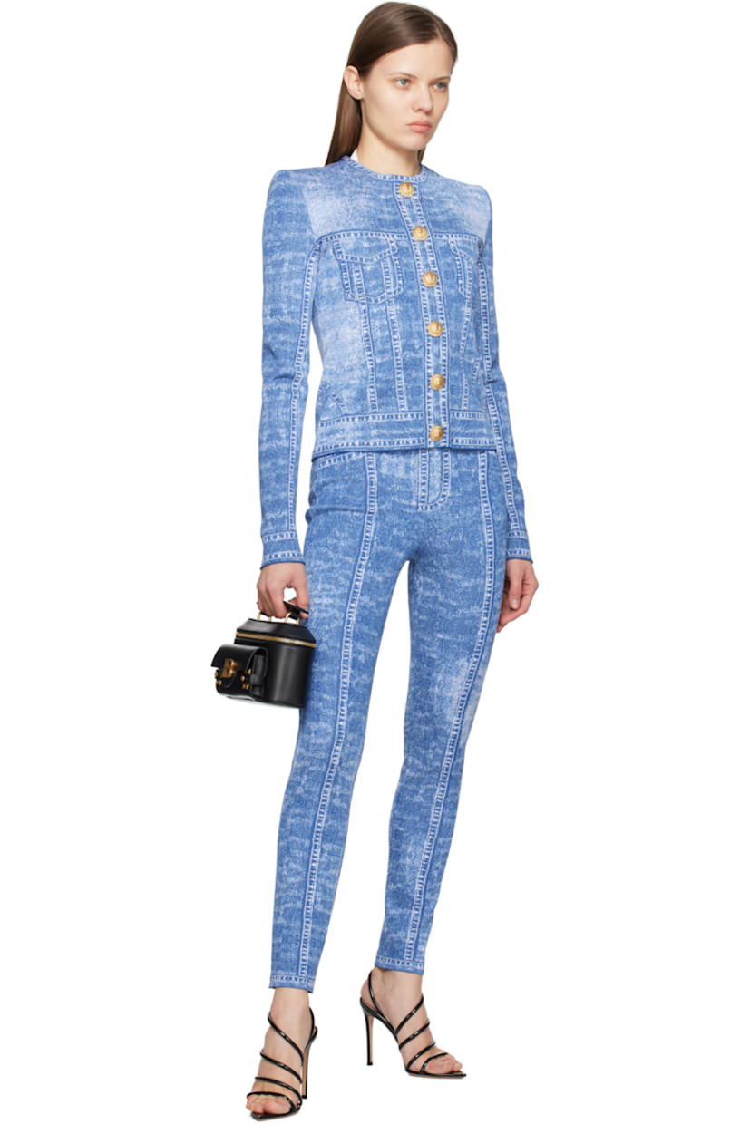 Knit viscose-blend cardigan. Jacquard trompe l'oeil pattern throughout. 

· Crewneck
· Press-stud closure
· Padded shoulders
· Logo patch at back hem
· Logo-engraved gold-tone hardware

Supplier color: Blue