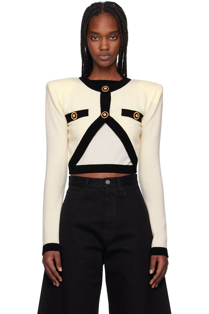Knit wool- and cashmere-blend sweater. Rib-knit trim throughout. 

· Layered construction
· Crewneck 
· Button closure 
· Mock welt pockets
· Cropped hem
· Padded shoulders
· Logo-engraved gold-tone hardware

Supplier color: Beige