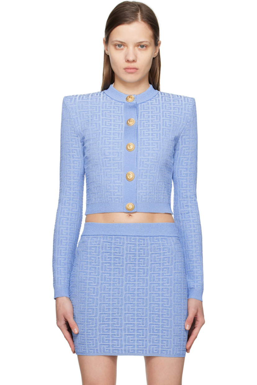 Slim-fit knit viscose-blend cardigan. Metallic thread detailing and jacquard logo pattern throughout. 

· Rib-knit crewneck, hem, and cuffs
· Press-stud closure
· Cropped hem
· Padded shoulders
· Logo-engraved gold-tone hardware

Supplier color: Bleu/Bleu brilla