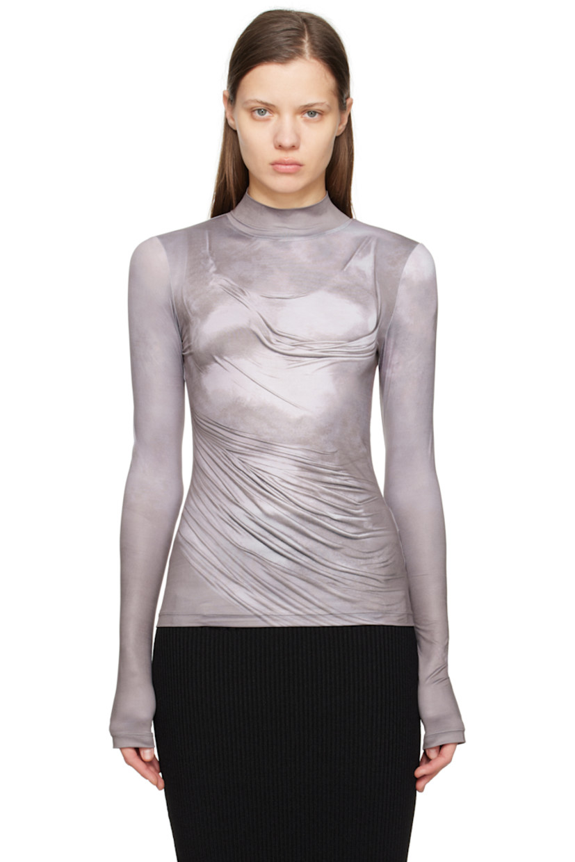 Stretch polyester jersey T-shirt. Trompe l'oeil graphic printed throughout.

· Mock neck
· Logo patch at back collar

Supplier color: Gris fonce