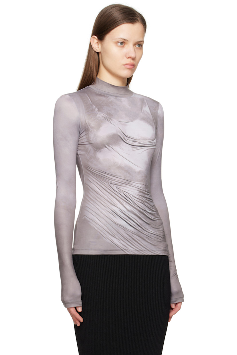Stretch polyester jersey T-shirt. Trompe l'oeil graphic printed throughout.

· Mock neck
· Logo patch at back collar

Supplier color: Gris fonce