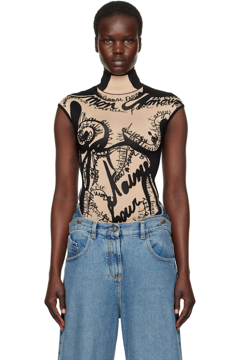 Knit viscose-blend bodysuit.

· Mock neck
· Jacquard graphic and text at front
· Press-stud fastening at bottom
· Zip closure at back
· Logo-engraved gold-tone hardware

Supplier color: Beige
