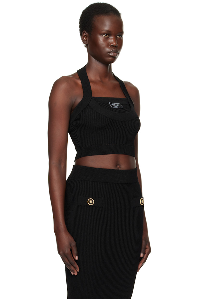 Rib-knit viscose-blend top.

· Straight neck
· Mock round neck 
· Logo patch at front
· Adjustable press-stud halter strap

Supplier color: Black