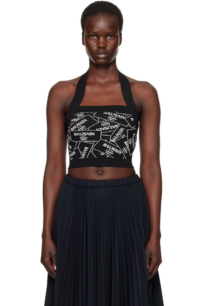 Rib-knit viscose-blend top. Jacquard logo graphic pattern throughout.

· Straight neck 
· Adjustable press-stud halter strap
· Zip closure at back
· Gold-tone logo graphic hardware

Supplier color: Black