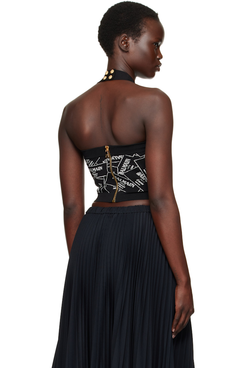 Rib-knit viscose-blend top. Jacquard logo graphic pattern throughout.

· Straight neck 
· Adjustable press-stud halter strap
· Zip closure at back
· Gold-tone logo graphic hardware

Supplier color: Black