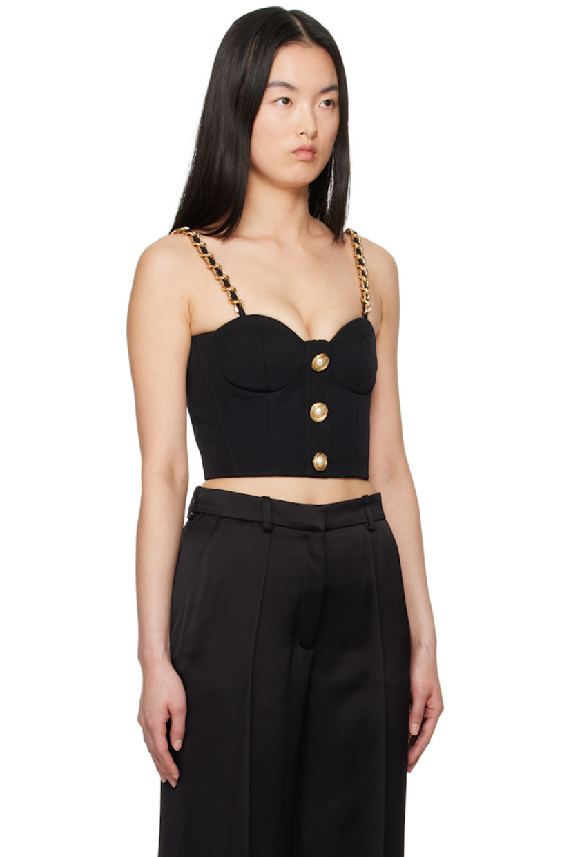Virgin wool canvas top. 

· Sweetheart neck
· Button hardware with faux-pearl accents
· Curb chain detailing at fixed shoulder straps
· Zip closure at back
· Full sateen lining
· Logo-engraved gold-tone hardware

Supplier color: Noir